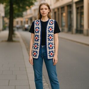 White Red & Blue Beautiful Hand Crocheted 🧶 Vest